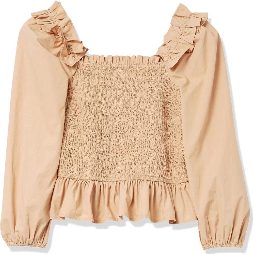 NWT The Drop Women's Marisol Long-Sleeve Ruffle Smocked Top Tan medium Amazon‎